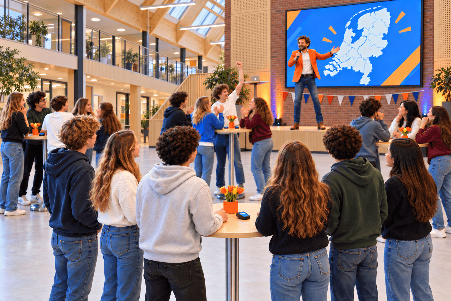 Schoolquiz in een modern atrium